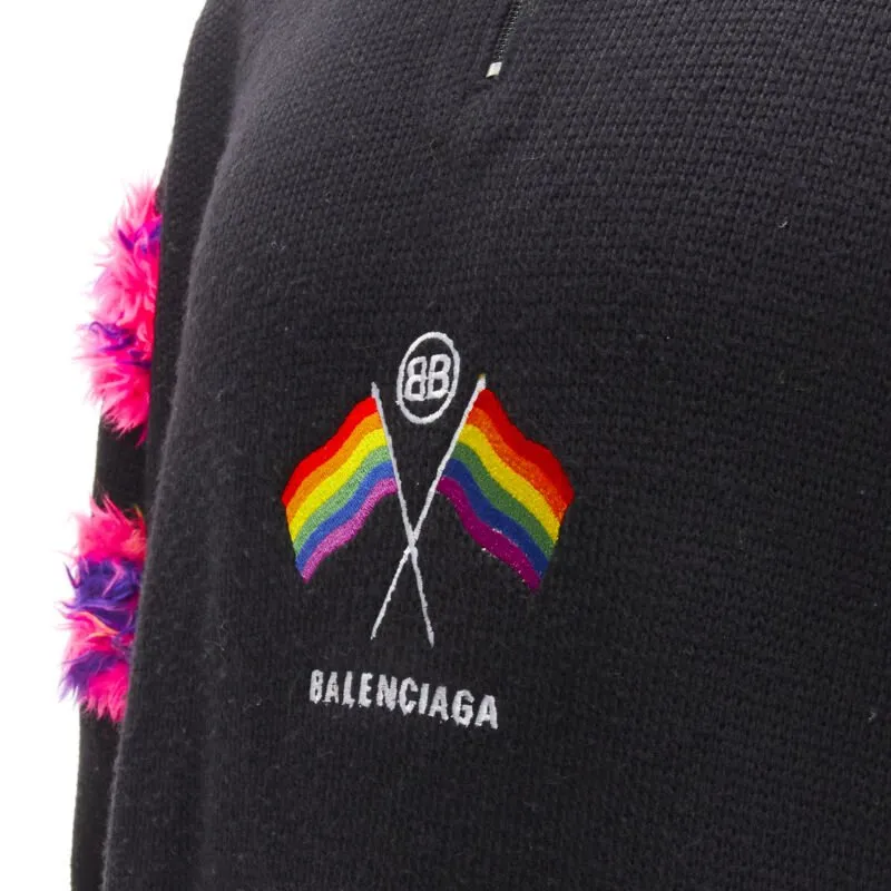 BALENCIAGA 2018 BB Pride Flag embroidery faux fur black wool turtleneck XS