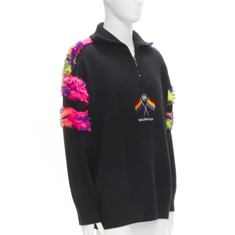 BALENCIAGA 2018 BB Pride Flag embroidery faux fur black wool turtleneck XS