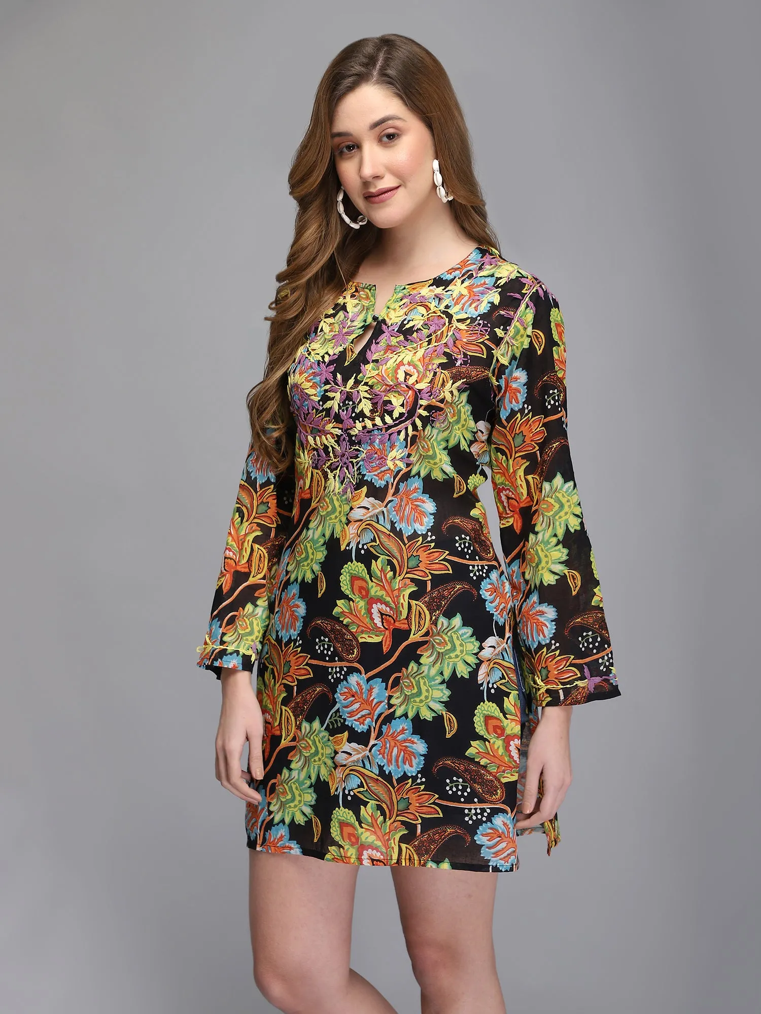 Black hand embroidered cotton tunic