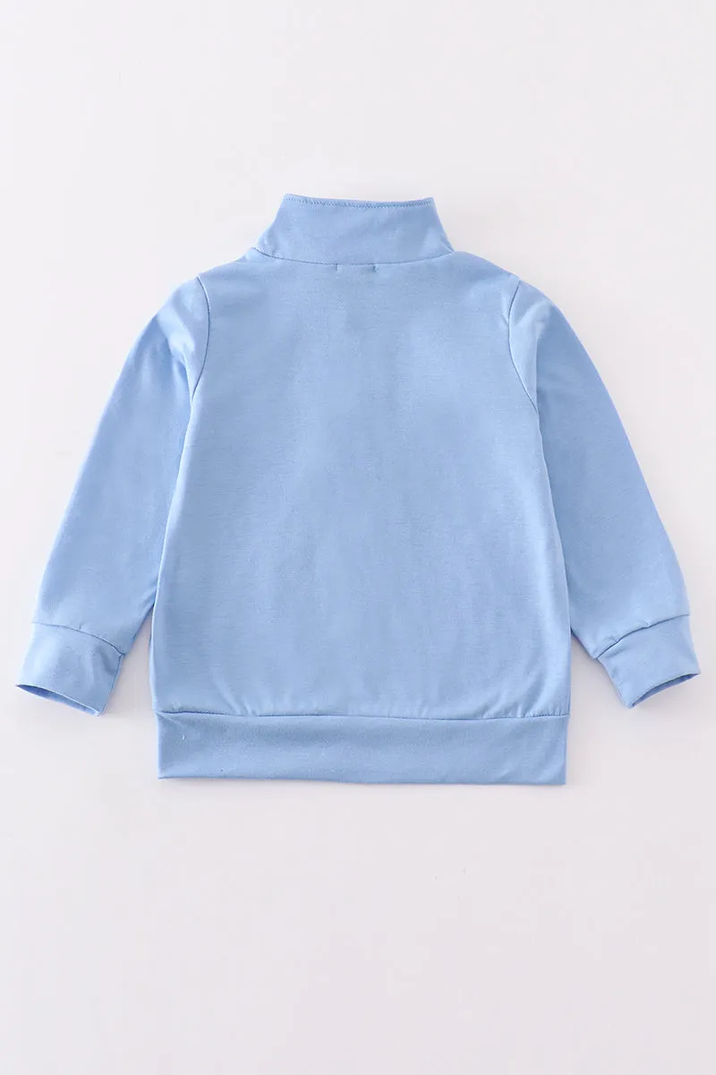 Blue character embroidery boy zipper pullover