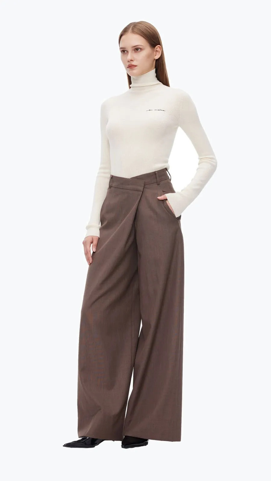 Brown Folded Waist Design Draped Suit Trousers