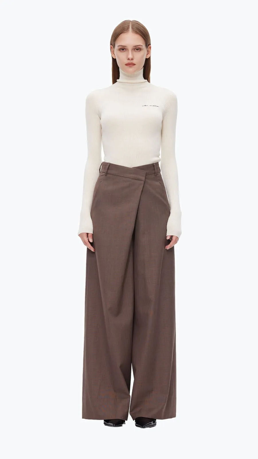 Brown Folded Waist Design Draped Suit Trousers