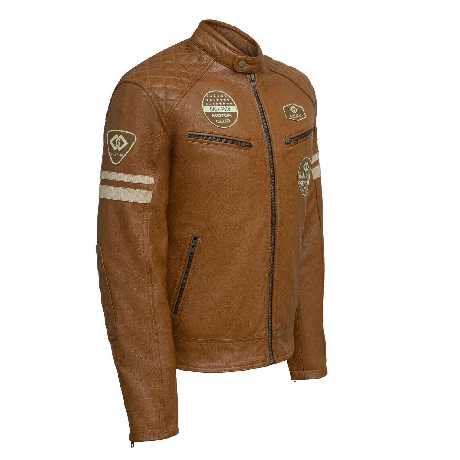 Classic Mens British Tan Motorcycle Leather Jacket With Badges