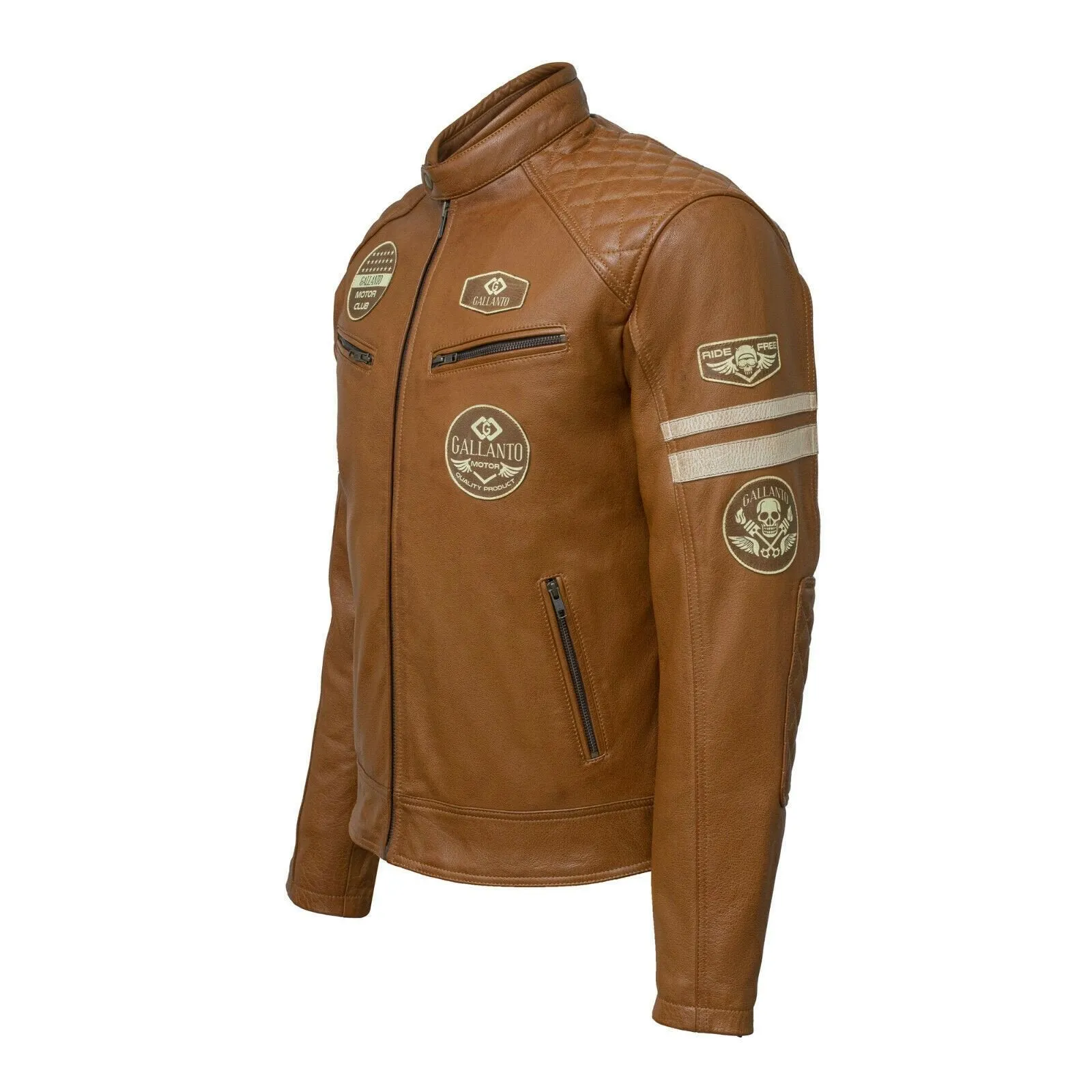 Classic Mens British Tan Motorcycle Leather Jacket With Badges
