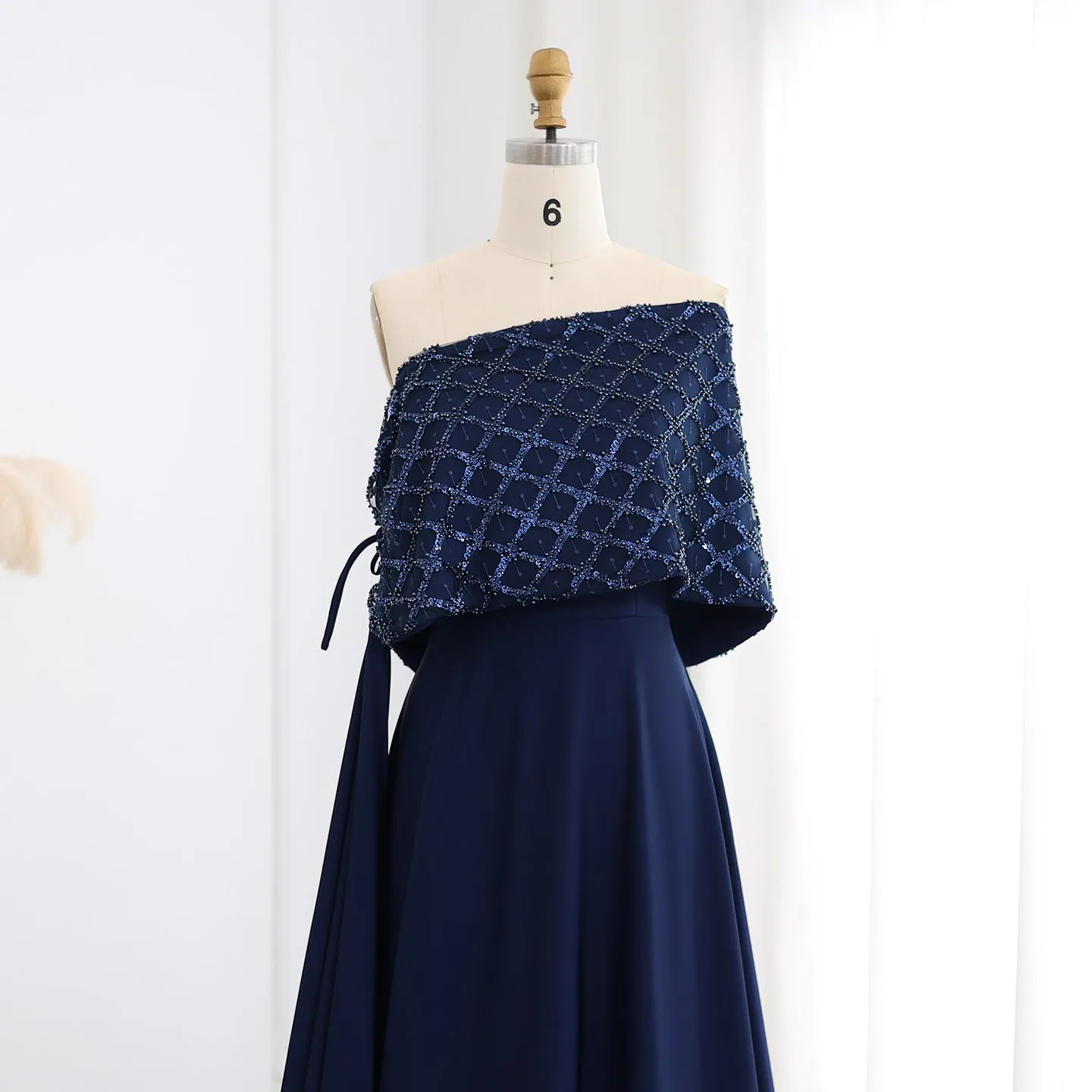 Elegant Off Shoulder Navy Blue Evening Dress with Cape SF204