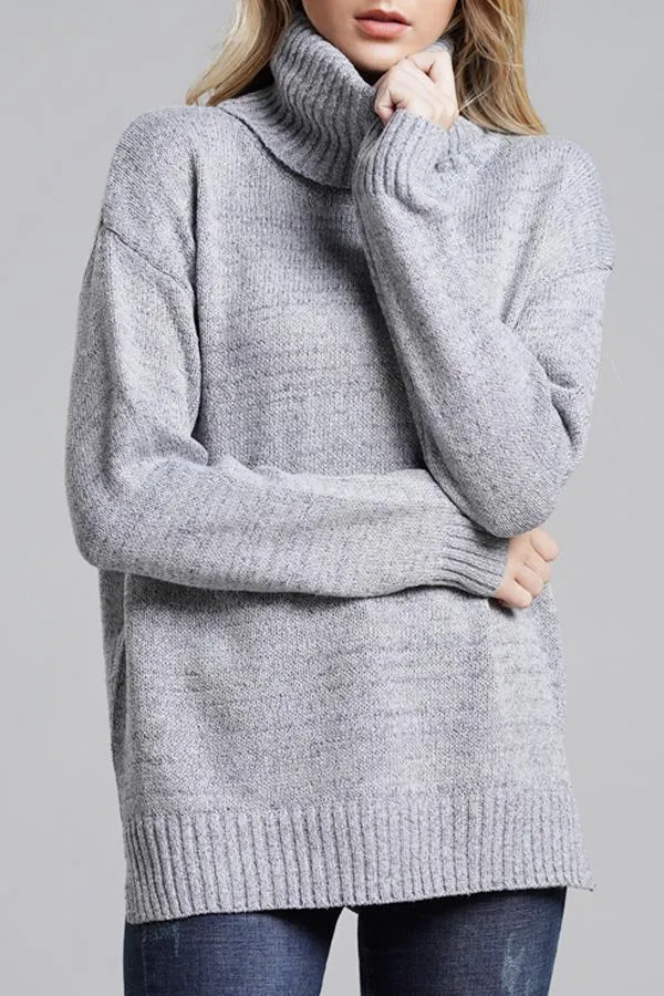 elveswallet Casual Knit High Neck Loose Sweater - Gray