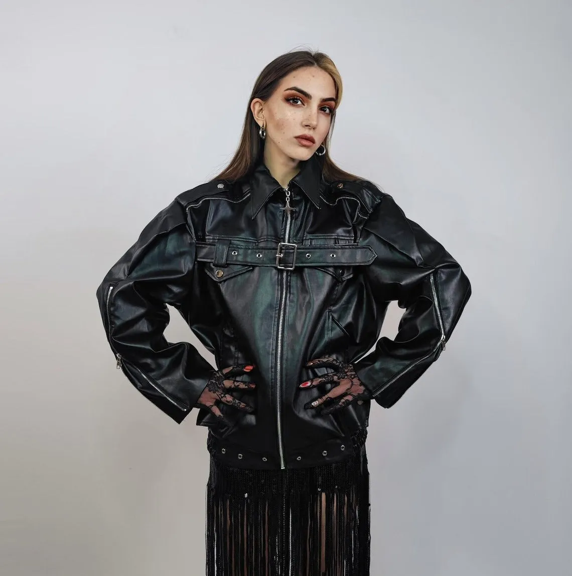 Faux leather biker jacket grunge motorcycle bomber PU utility coat belted racing trench rave varsity rubber high fashion gothic puffer black