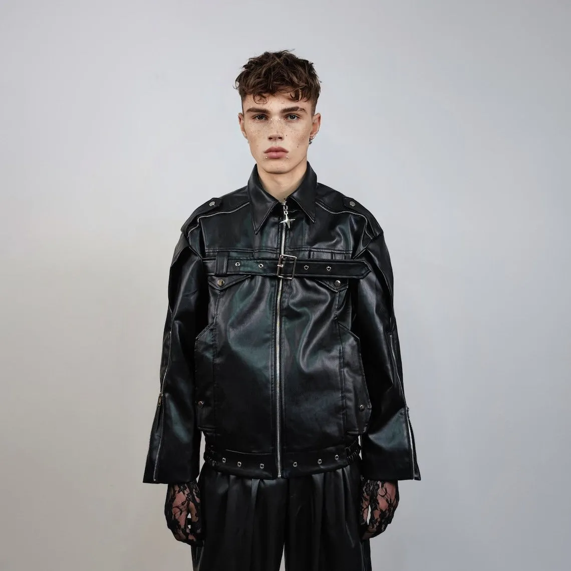 Faux leather biker jacket grunge motorcycle bomber PU utility coat belted racing trench rave varsity rubber high fashion gothic puffer black
