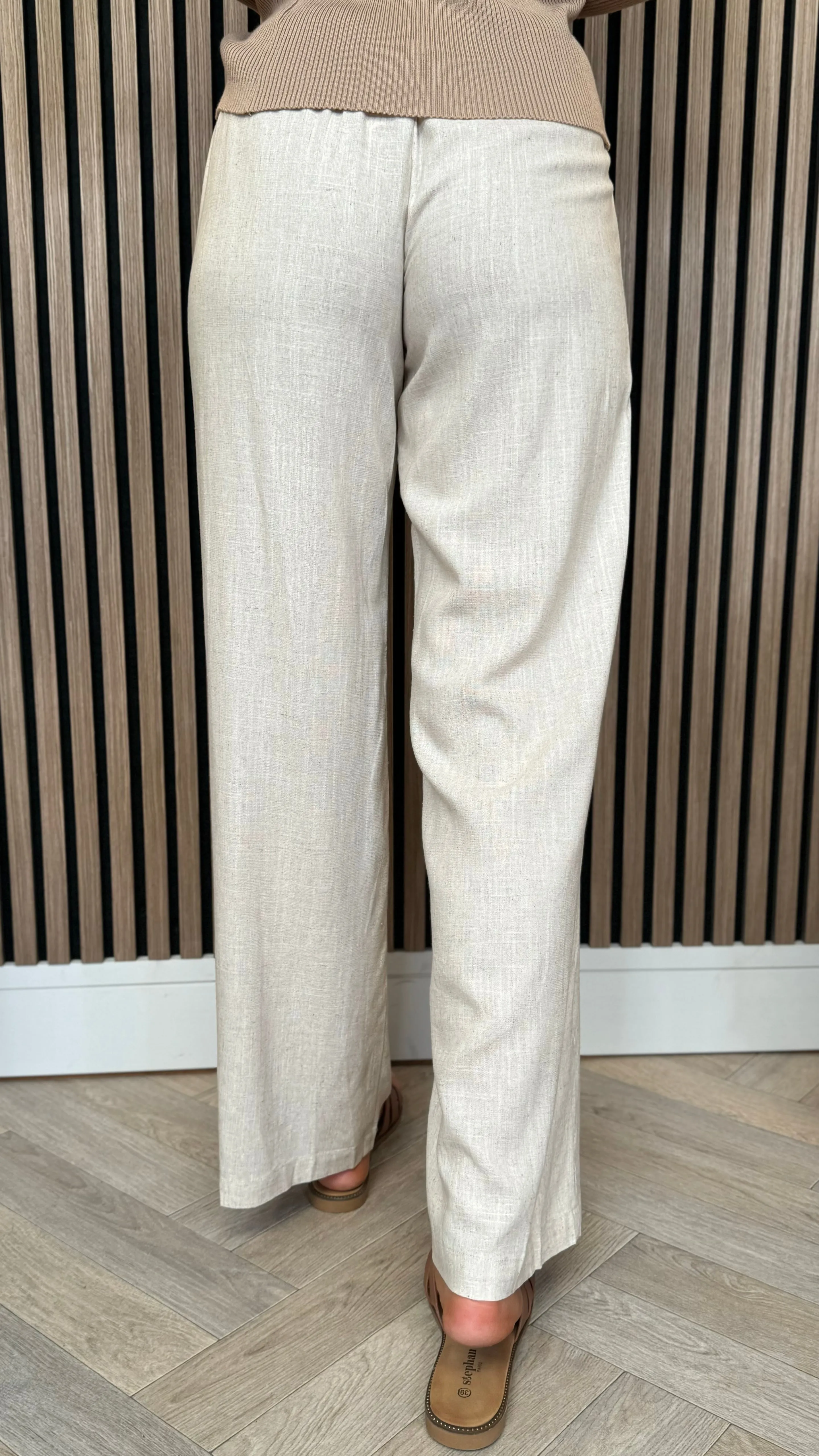 Gianna Beige Linen Effect Wide Leg Trousers