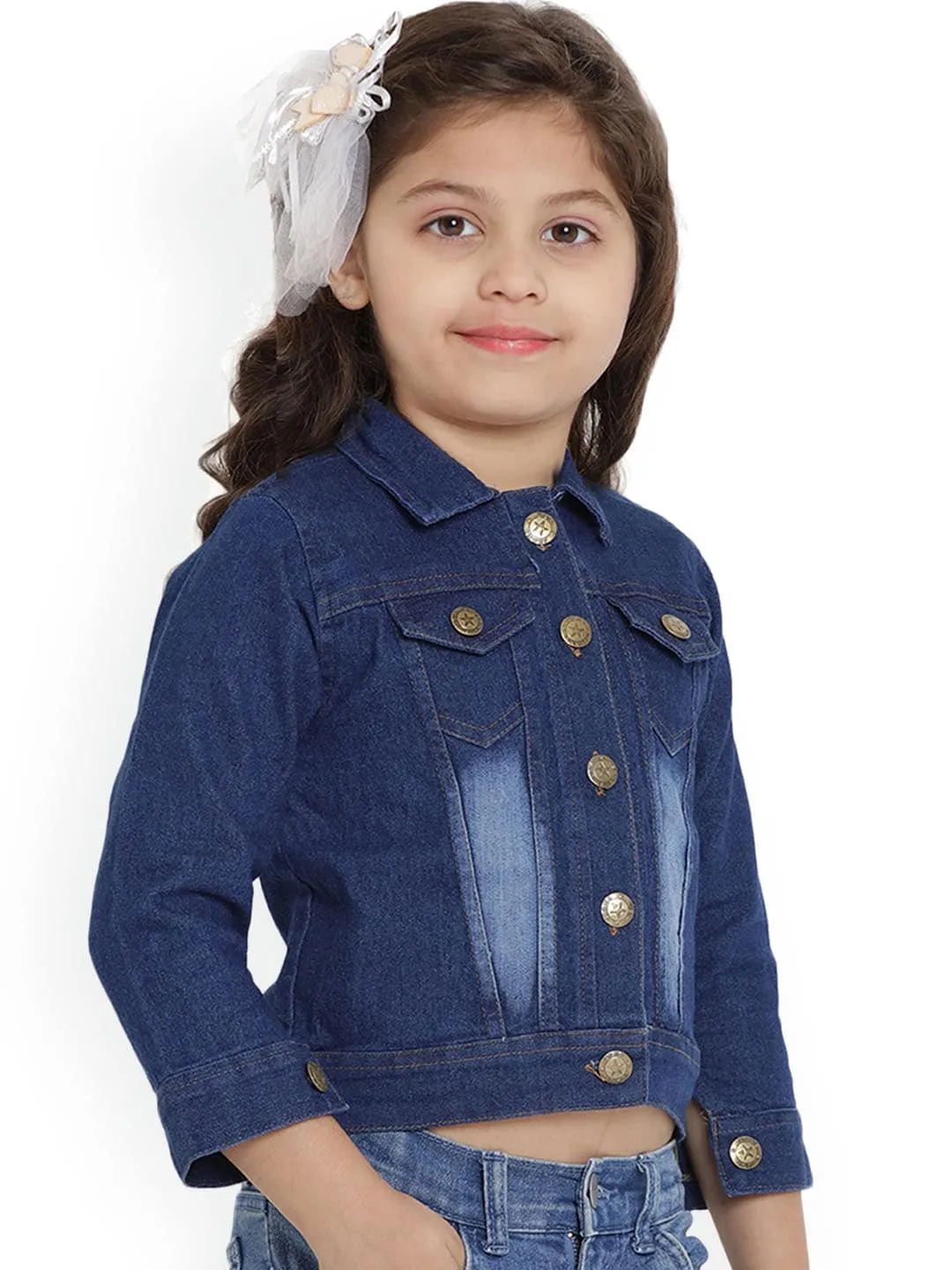 Girl's Blue Denim Solid Lightweight Jacket Top  - NOZ2TOZ KIDS