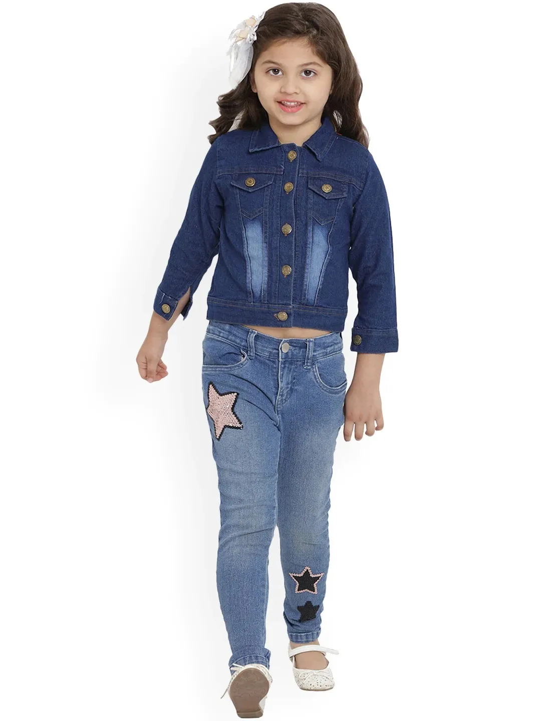 Girl's Blue Denim Solid Lightweight Jacket Top  - NOZ2TOZ KIDS