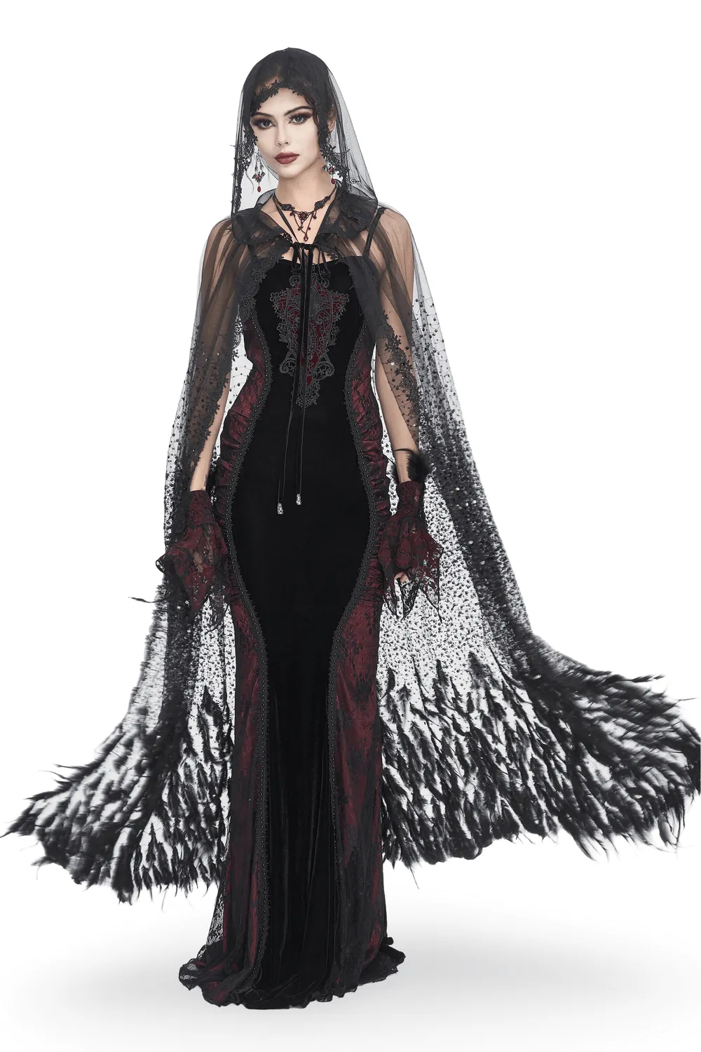 Glamorous Black Sequin Feather Cape With Hood
