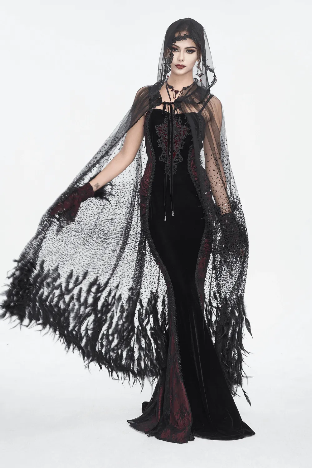 Glamorous Black Sequin Feather Cape With Hood