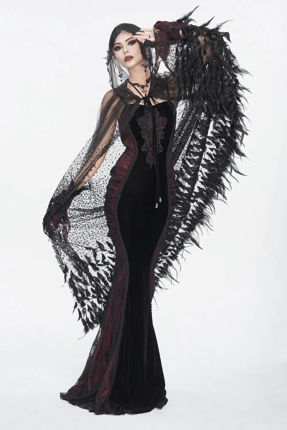 Glamorous Black Sequin Feather Cape With Hood