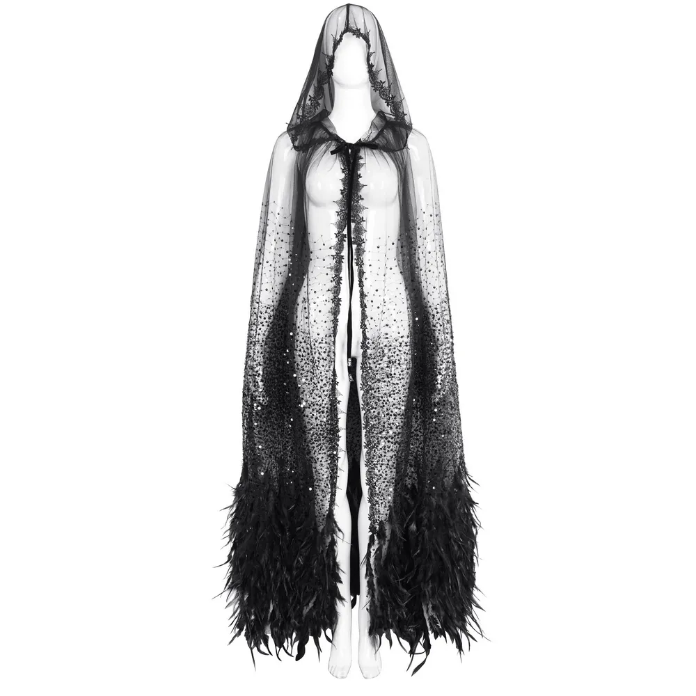 Glamorous Black Sequin Feather Cape With Hood