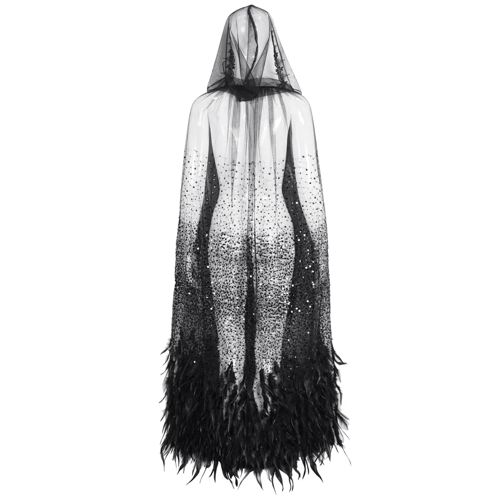 Glamorous Black Sequin Feather Cape With Hood