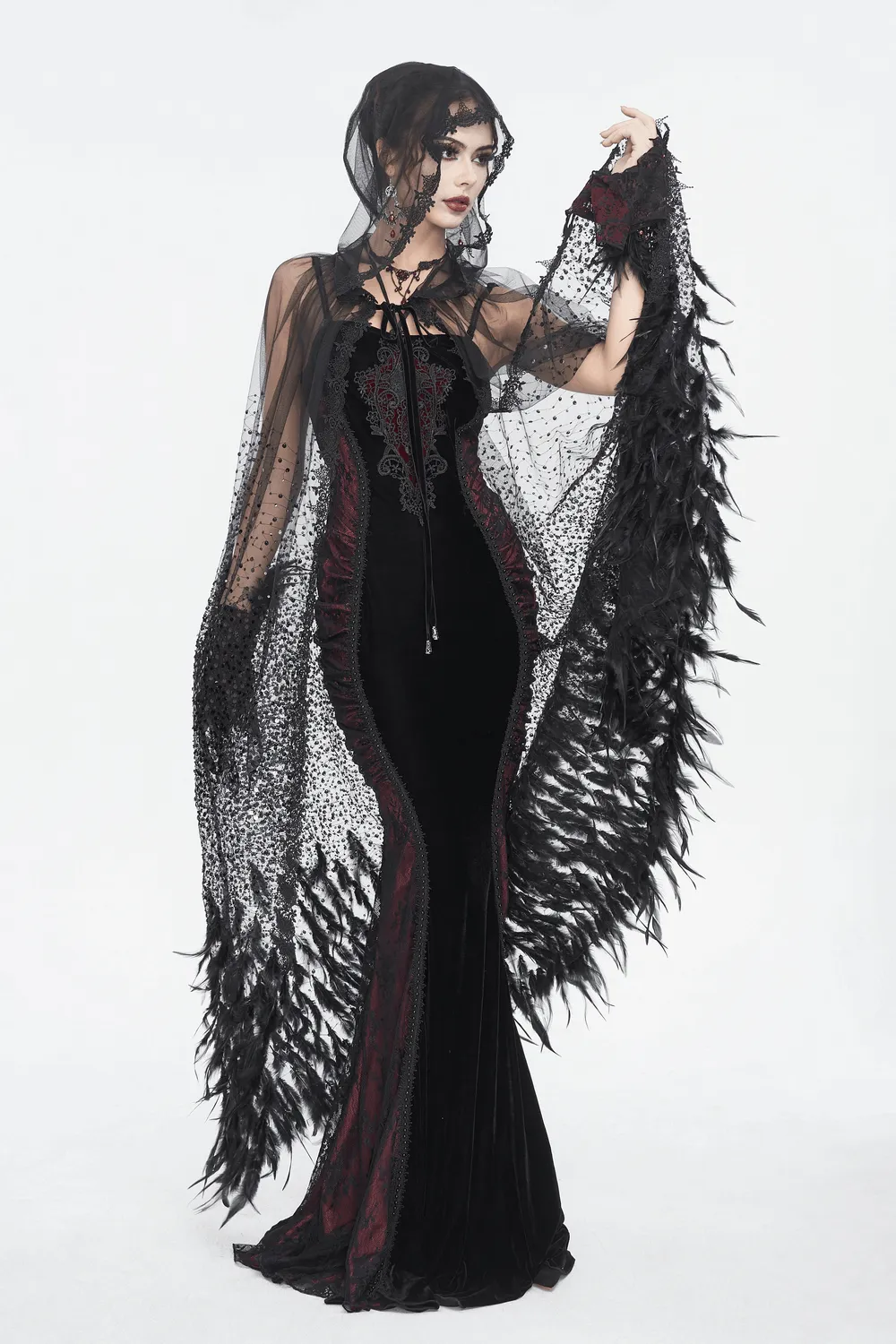Glamorous Black Sequin Feather Cape With Hood
