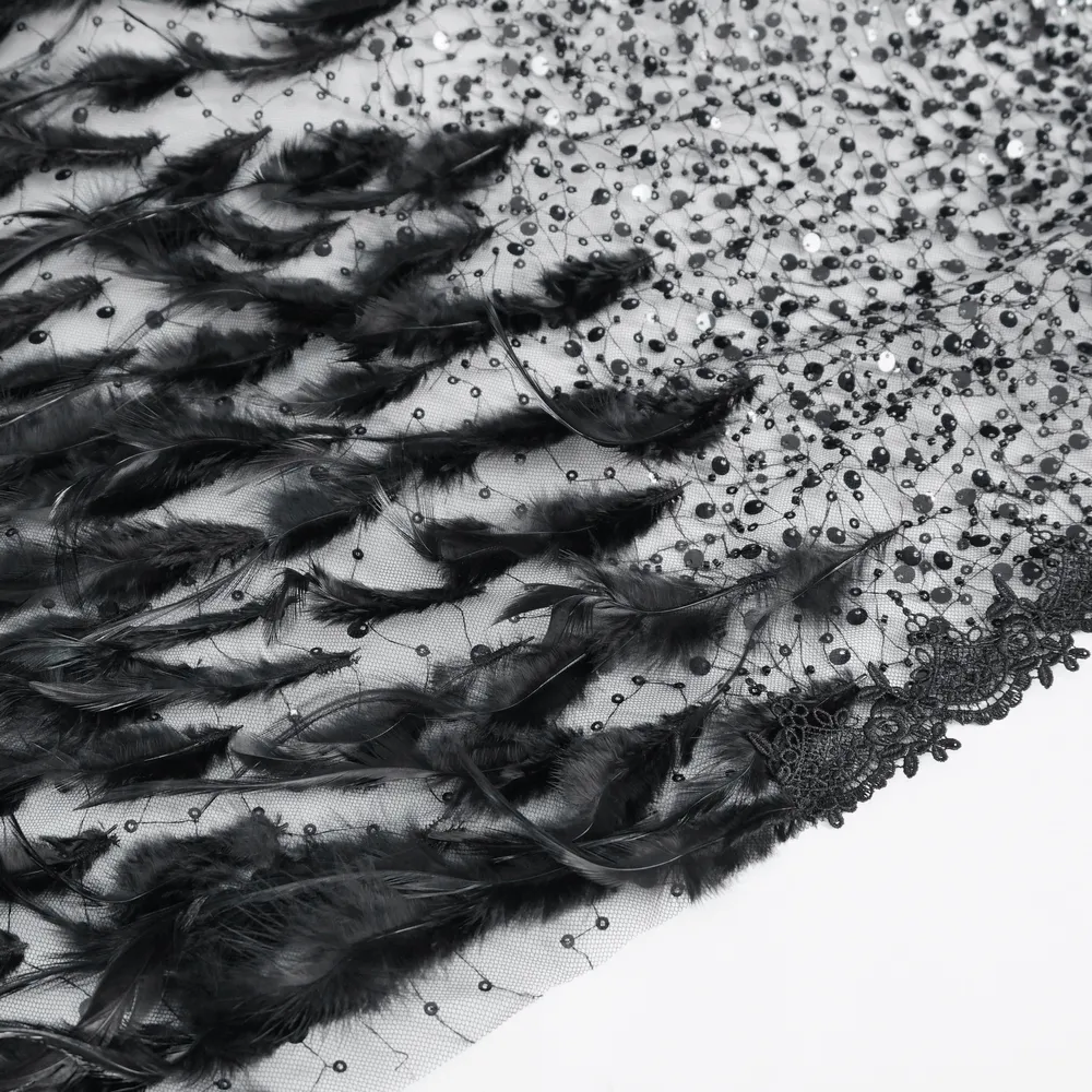Glamorous Black Sequin Feather Cape With Hood