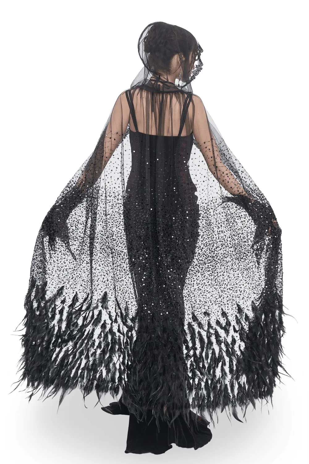 Glamorous Black Sequin Feather Cape With Hood