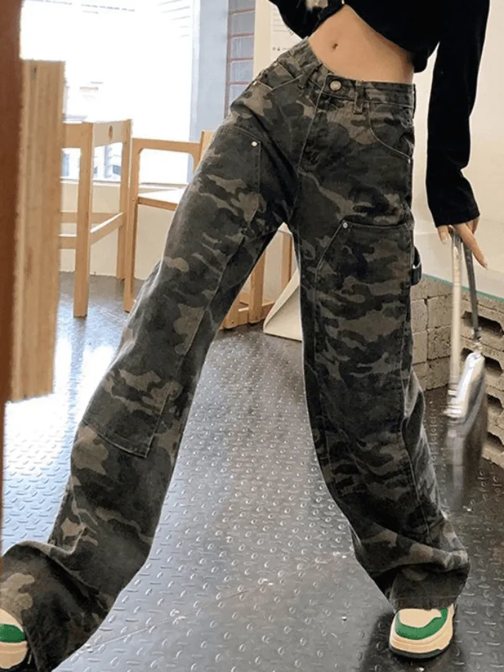 Jean cargo délavé vert camouflage