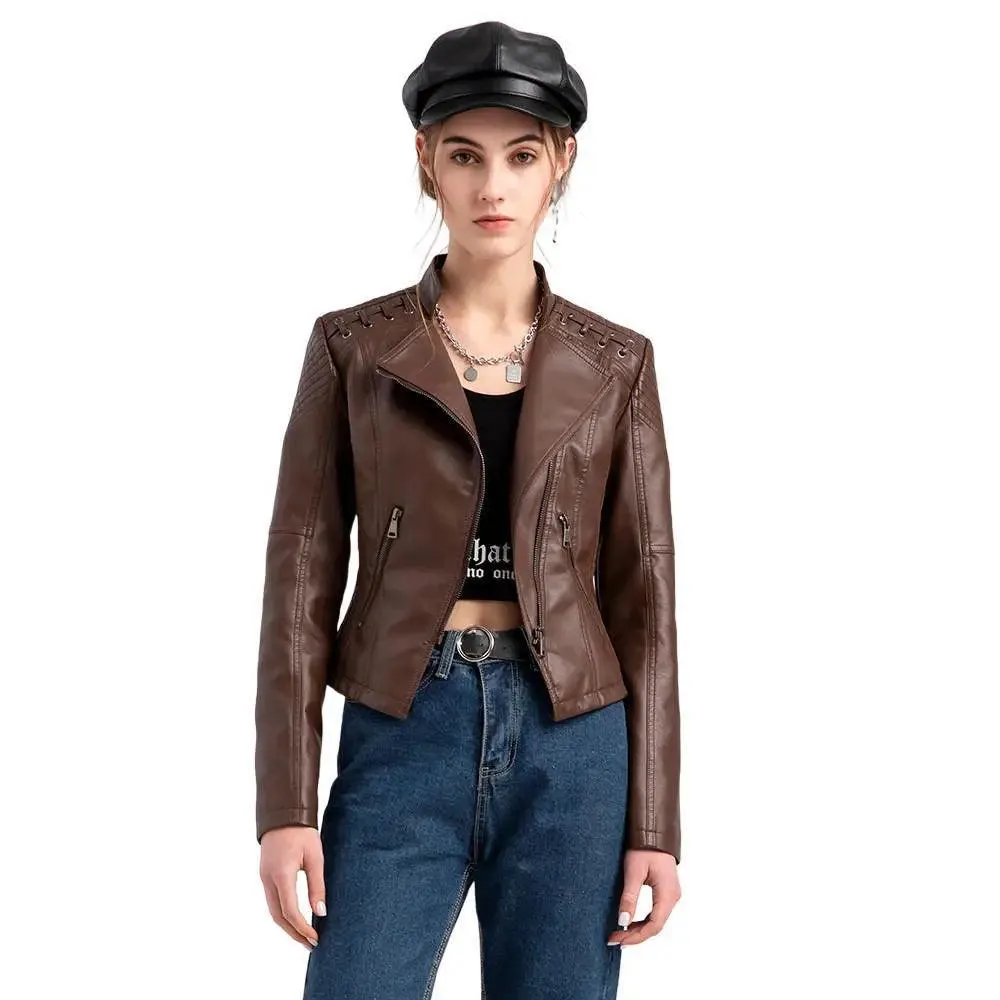 Lace-up Leather Zip-up Jacket