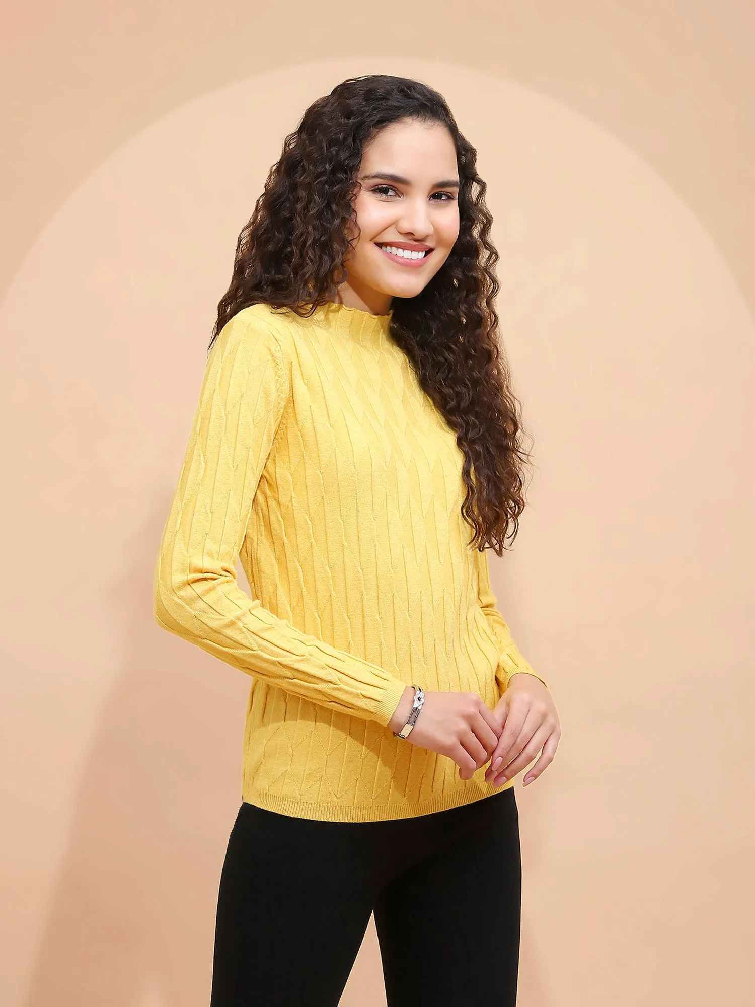 Mustard Solid Poly Viscose Slim Fit High Neck Skivvy Pullover