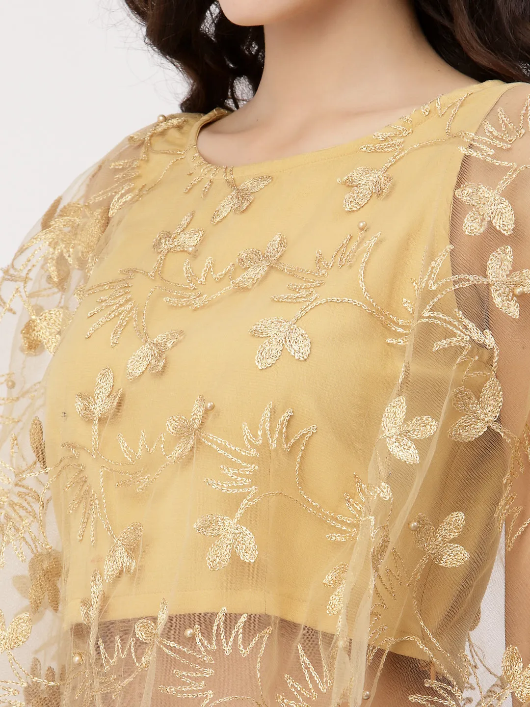 Net Floral Embroidered Cape Top