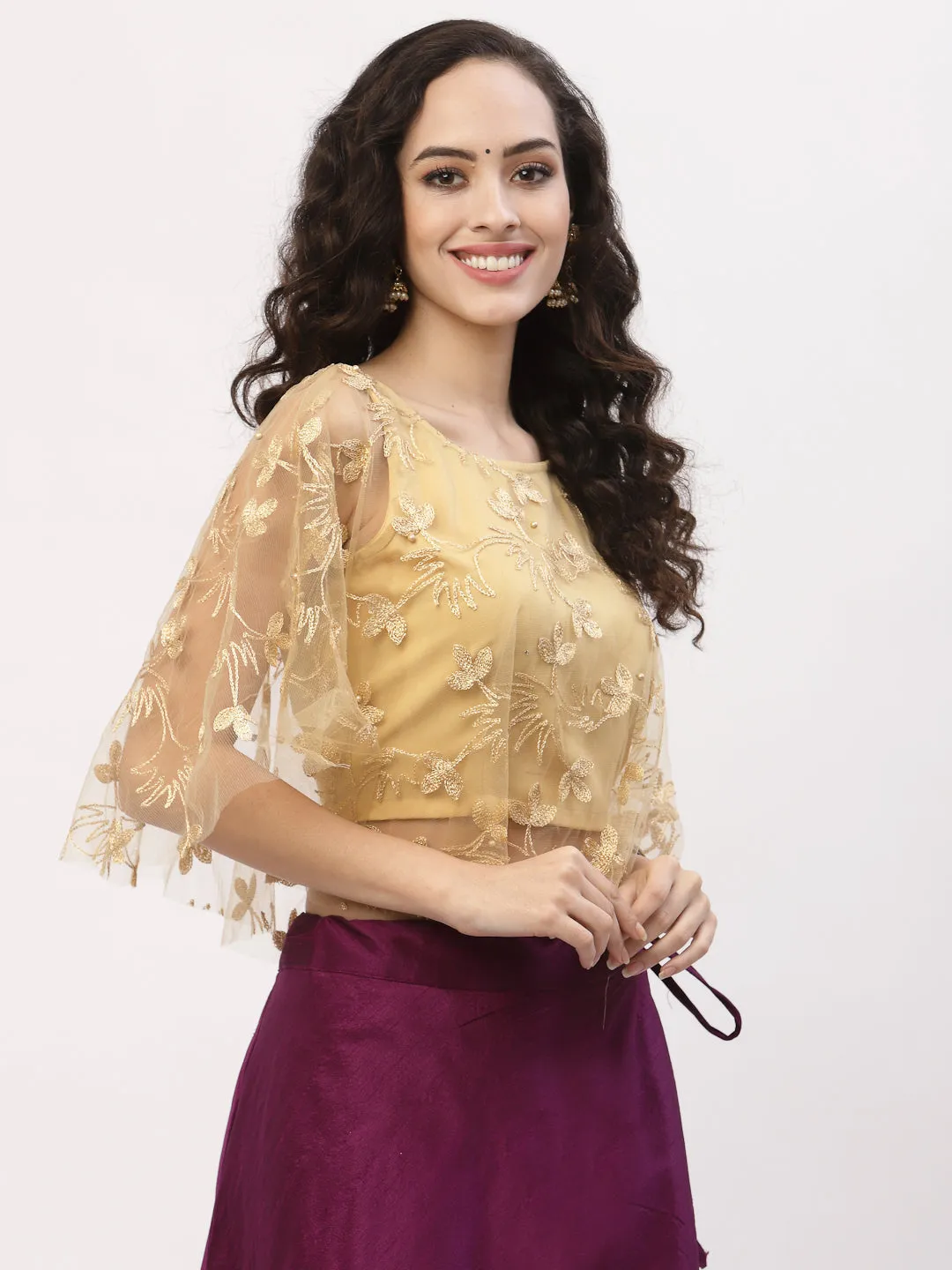 Net Floral Embroidered Cape Top