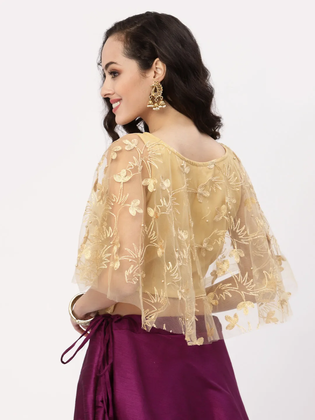 Net Floral Embroidered Cape Top
