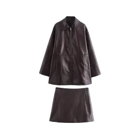 Pre Order:  Solid Leather Jacket   Mini Skirt