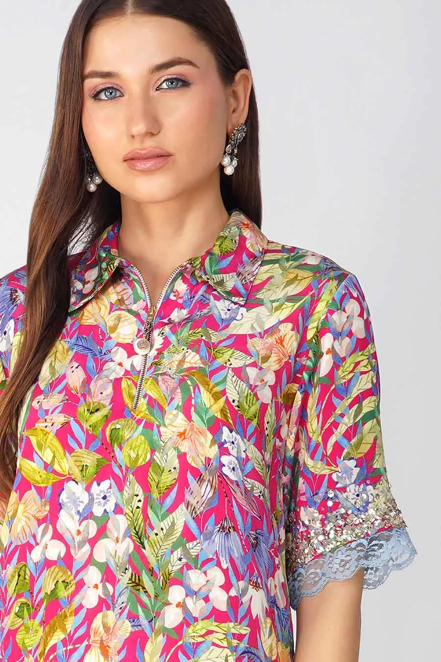 Rani Pink Leaf Printed Tunic & Pant Set