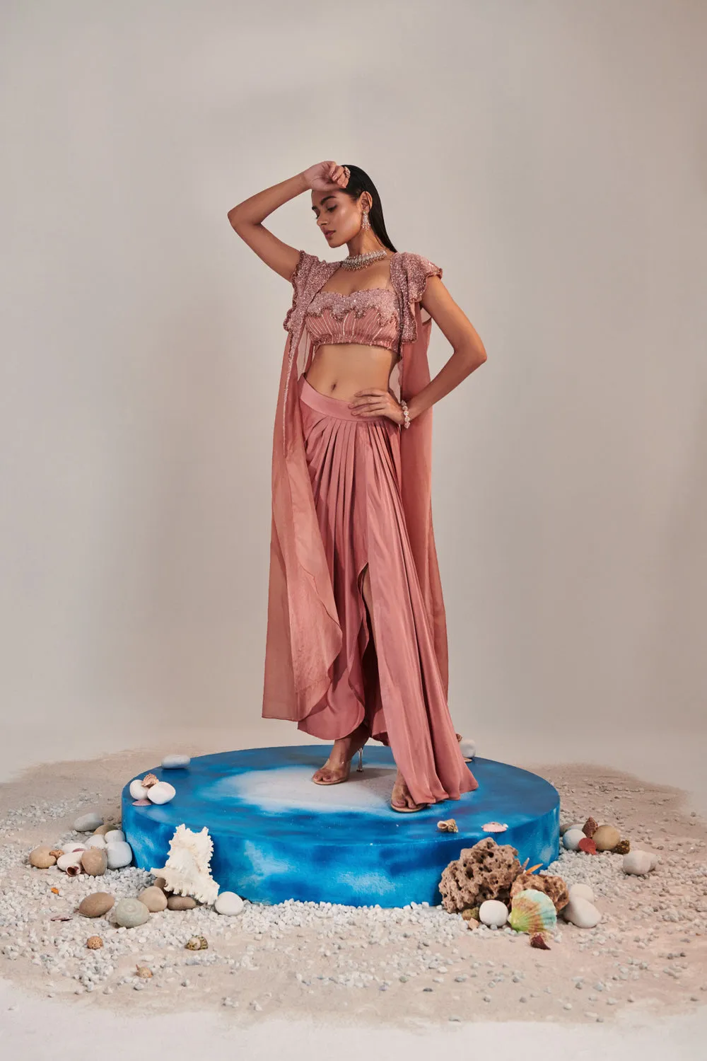 Salmon Pink Shawl Collar Cutwork Cape And Water Effect Embroidred Blouse ; Gradient Colour Embroidery