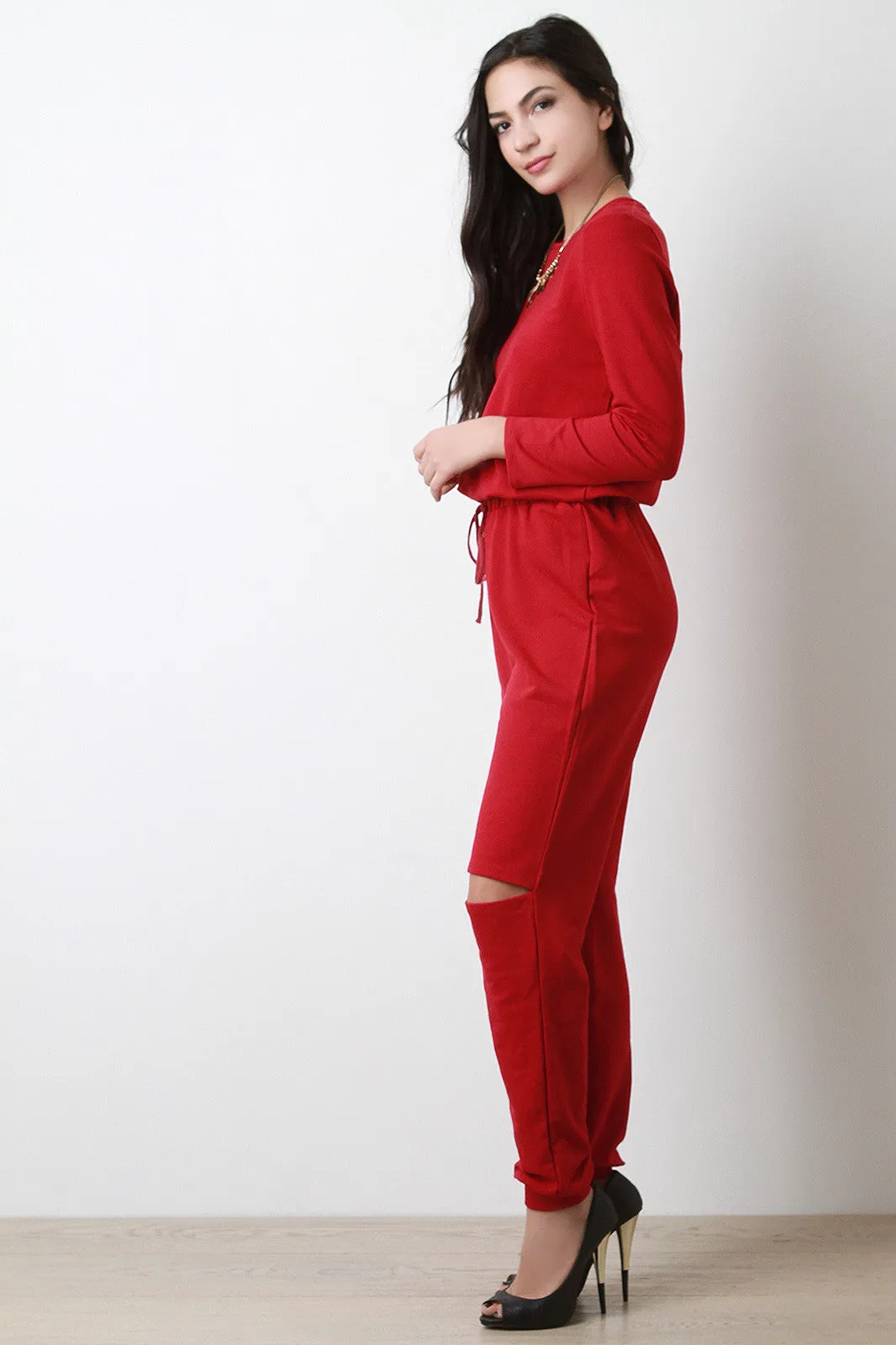Slit Knee Sweatshirt Jumpsuit