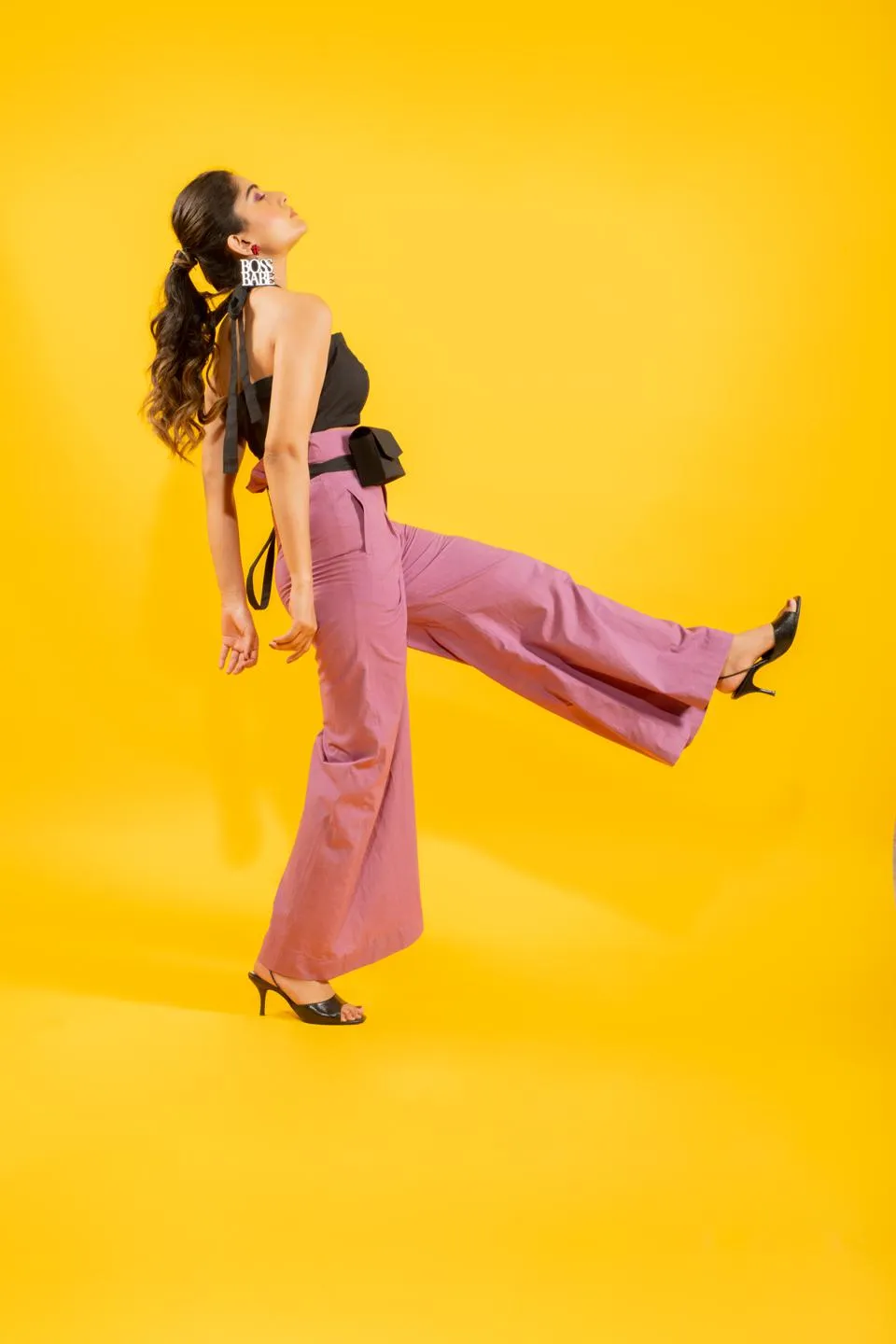 Statement Black Halter Top With High Waisted Mauve Flared Pants