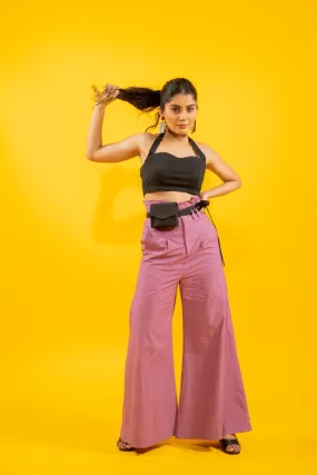 Statement Black Halter Top With High Waisted Mauve Flared Pants