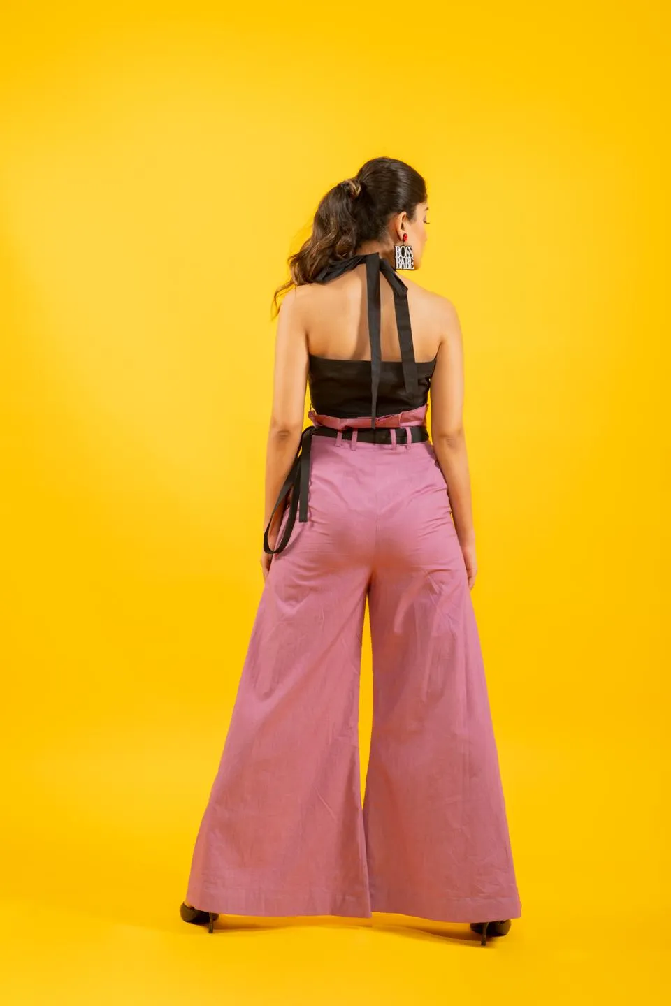 Statement Black Halter Top With High Waisted Mauve Flared Pants