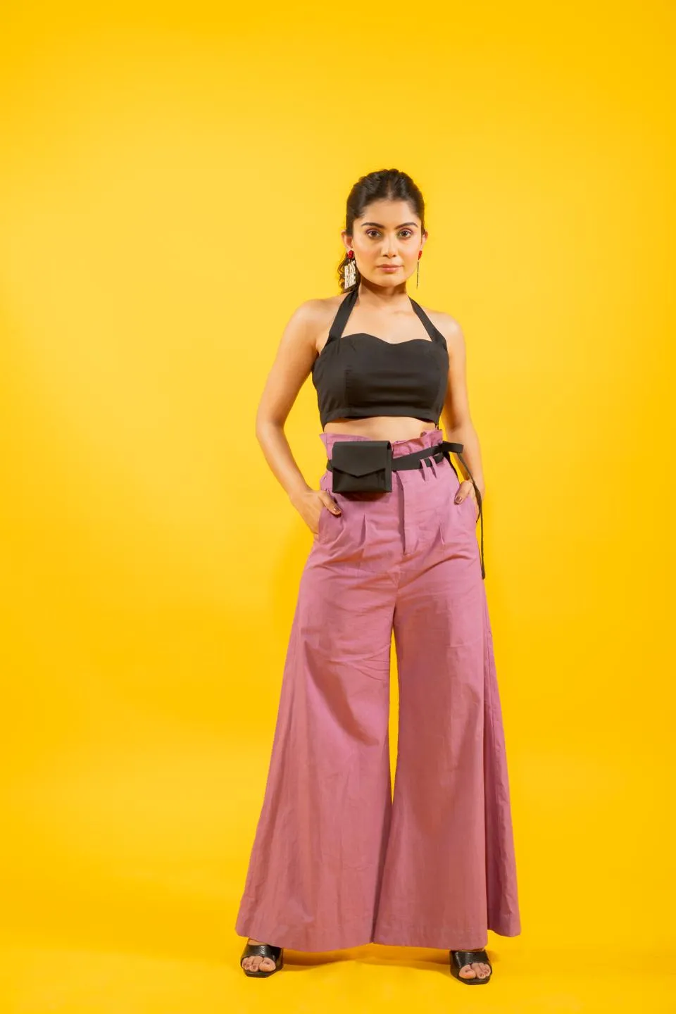 Statement Black Halter Top With High Waisted Mauve Flared Pants