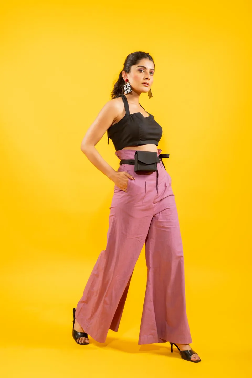 Statement Black Halter Top With High Waisted Mauve Flared Pants