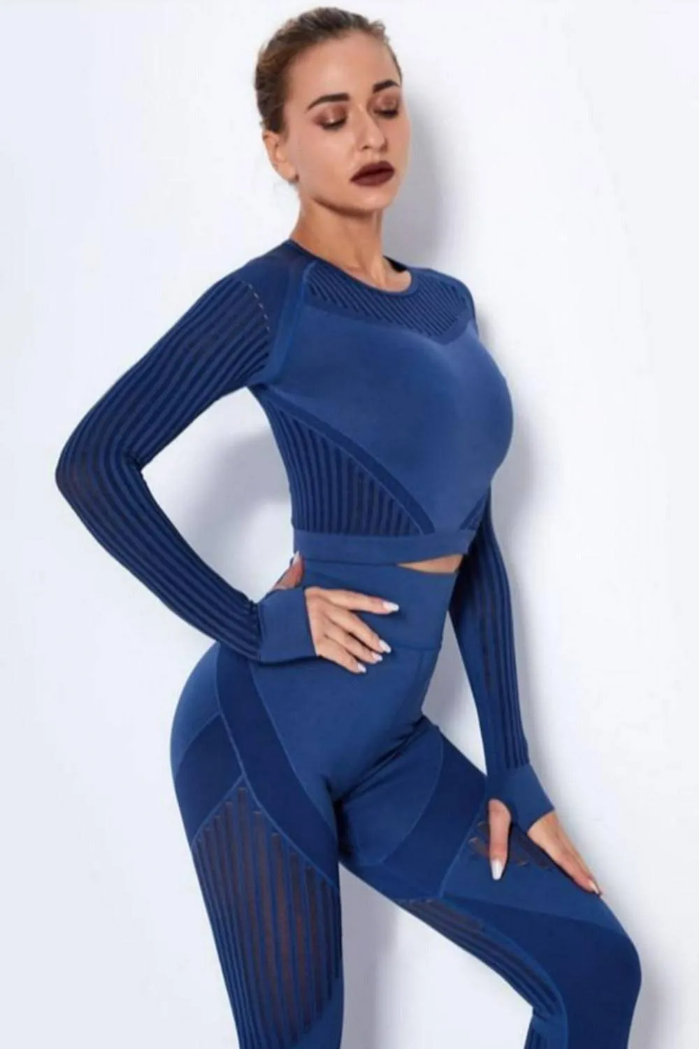 Tummy Control High Waist Seamless Top And Leggings 2 Piece Set - Blue