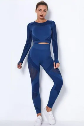 Tummy Control High Waist Seamless Top And Leggings 2 Piece Set - Blue