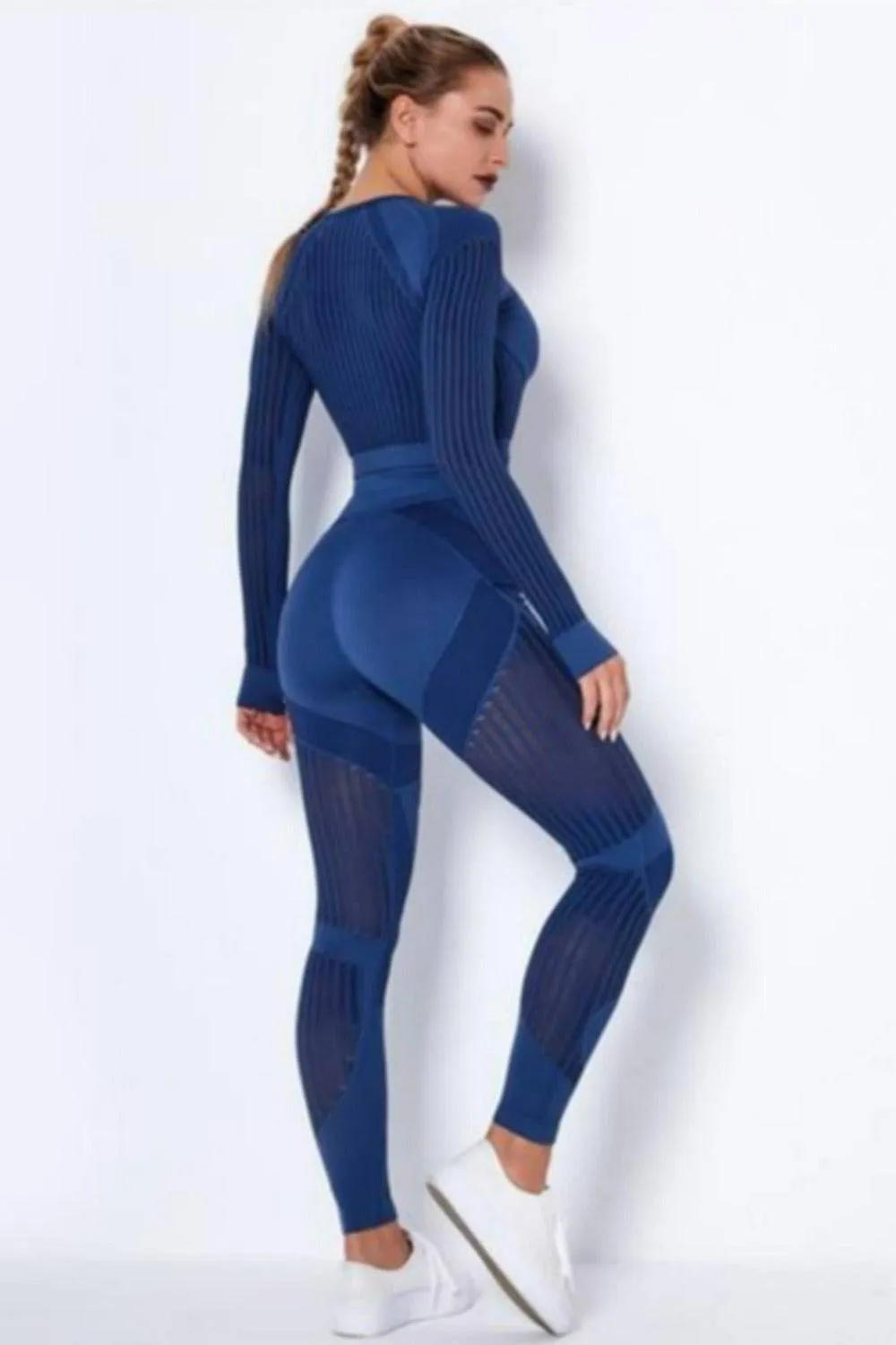 Tummy Control High Waist Seamless Top And Leggings 2 Piece Set - Blue