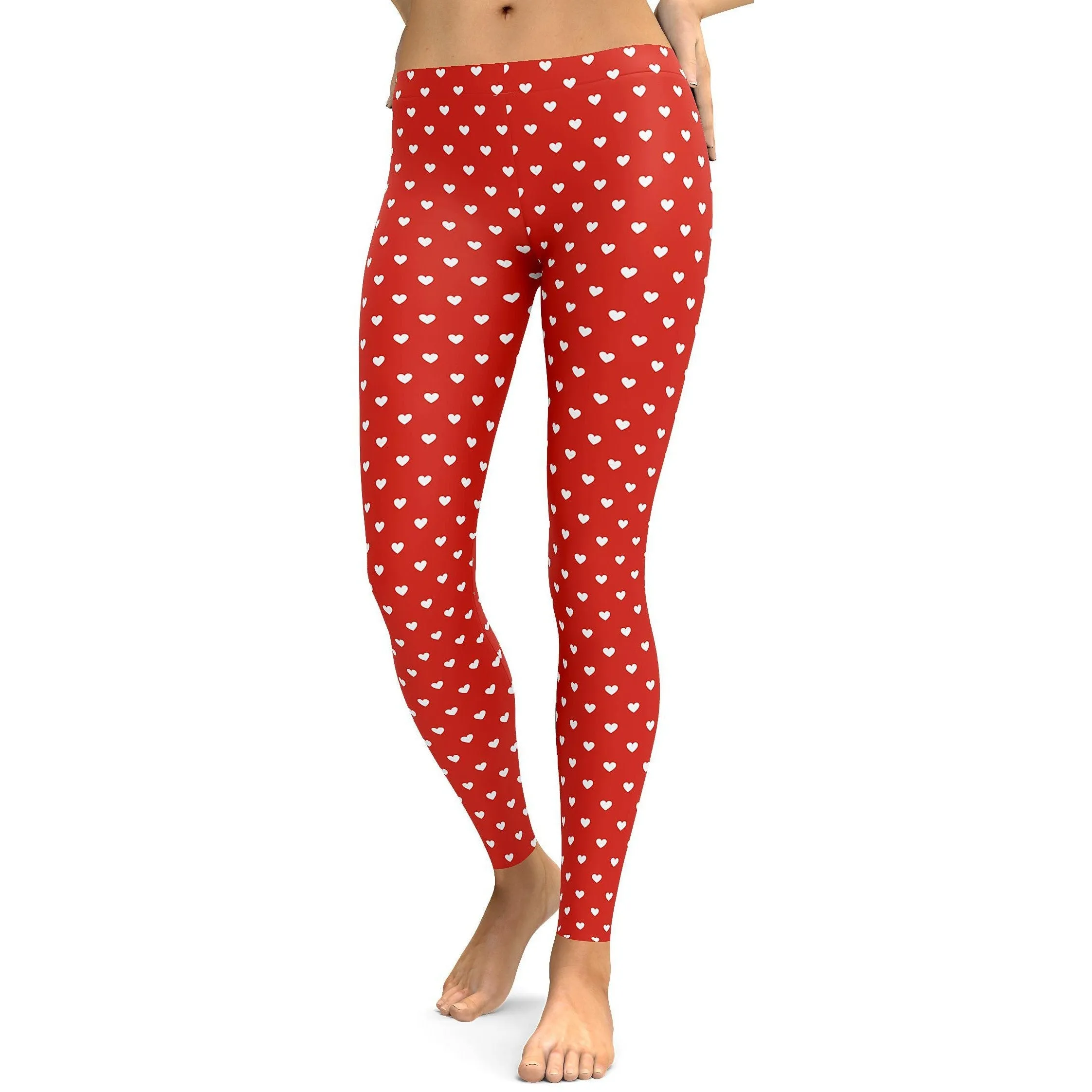 White Mini Hearts Red Leggings